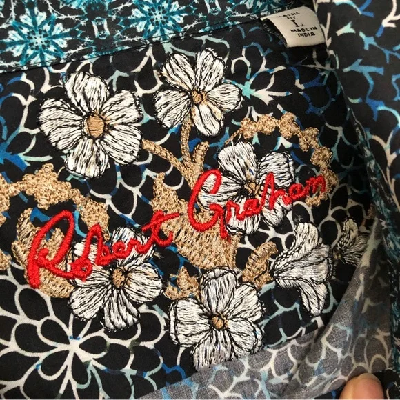 ROBERT GRAHAM Large Baltic Long Sleeve Shirt Flip Cuff Navy Floral Geometric NWT - Picture 7 of 13